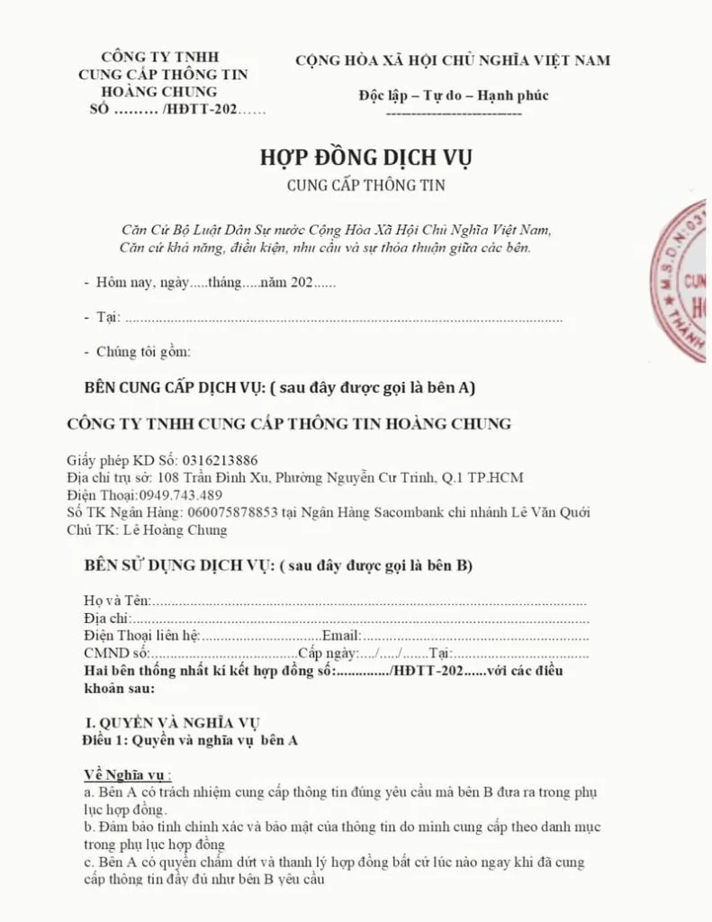 Hợp Đồng Thuê Thám Tử Tư Chuyên Nghiệp & Bảo Mật 2026 hợp đồng thuê thám tử mới nhất của công ty thám tử hoàng chung