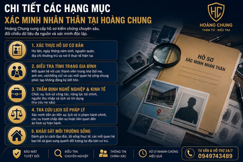 Hoàng Chung triển khai quy trình xác minh nhân thân đa nguồn, hỗ trợ điều tra thông tin cá nhân, nghề nghiệp, pháp lý và môi trường sống thực tế.