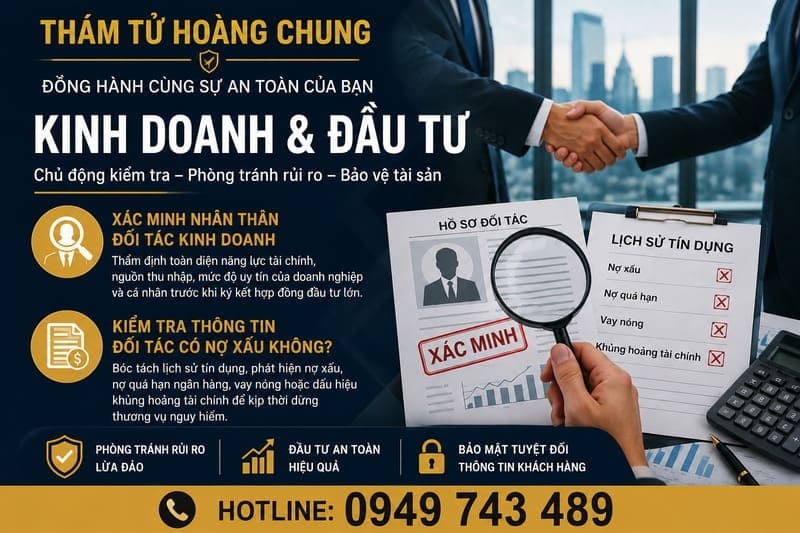Dịch vụ xác minh đối tác kinh doanh và kiểm tra nợ xấu uy tín tại THÁM TỬ HOÀNG CHUNG giúp phòng tránh rủi ro đầu tư
