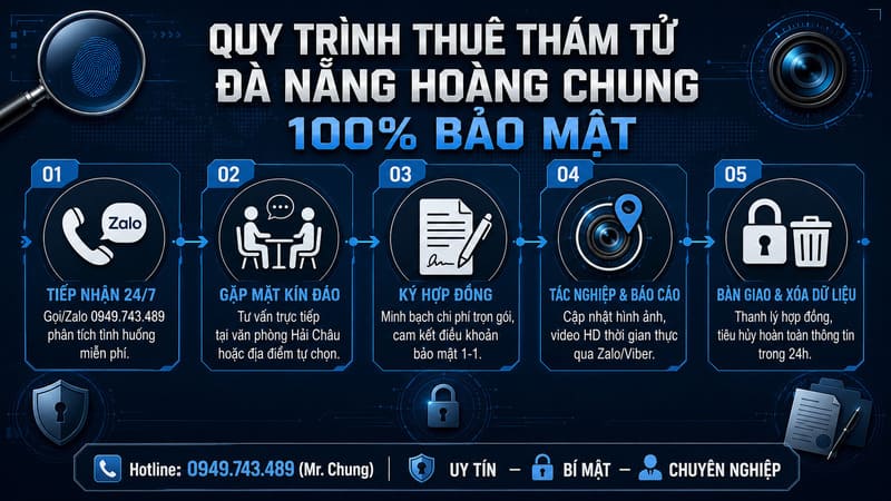 Quy trình thuê thám tử Đà Nẵng tại Hoàng Chung được triển khai qua 5 bước chuyên nghiệp, từ tiếp nhận thông tin, tư vấn, ký hợp đồng đến tác nghiệp và bàn giao kết quả, đảm bảo bảo mật tuyệt đối cho khách hàng.
