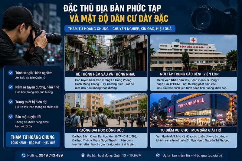 Thám tử Hoàng Chung am hiểu địa bàn Quận 10, linh hoạt trong quá trình giám sát.