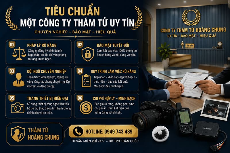 Tiêu chuẩn đánh giá một công ty thám tử uy tín với các yếu tố pháp lý rõ ràng, bảo mật thông tin, đội ngũ chuyên nghiệp, quy trình minh bạch và trang thiết bị điều tra hiện đại.