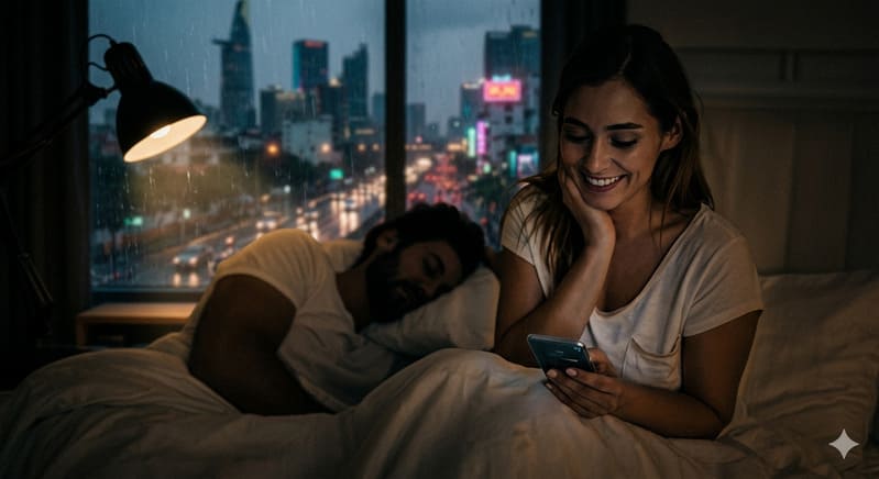 Hình ảnh phụ nữ ngoại tình nhắn tin lén lút khi chồng đang ngủ