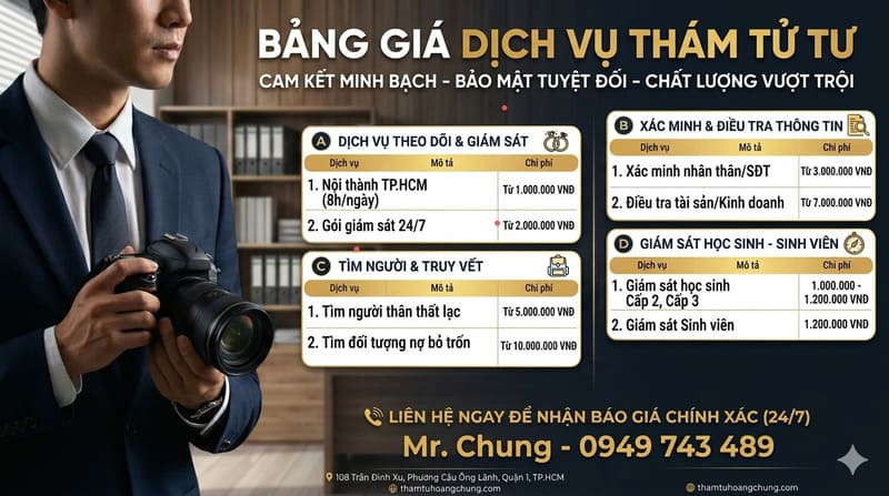 Bảng giá thuê thám tử tư tphcm giá rẻ uy tín minh bạch nhất hiện nay