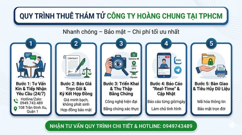 Để đảm bảo hiệu quả phá án nhanh nhất với mức chi phí thám tử giá rẻ tại TPHCM, Hoàng Chung áp dụng quy trình làm việc 5 bước chuyên nghiệp