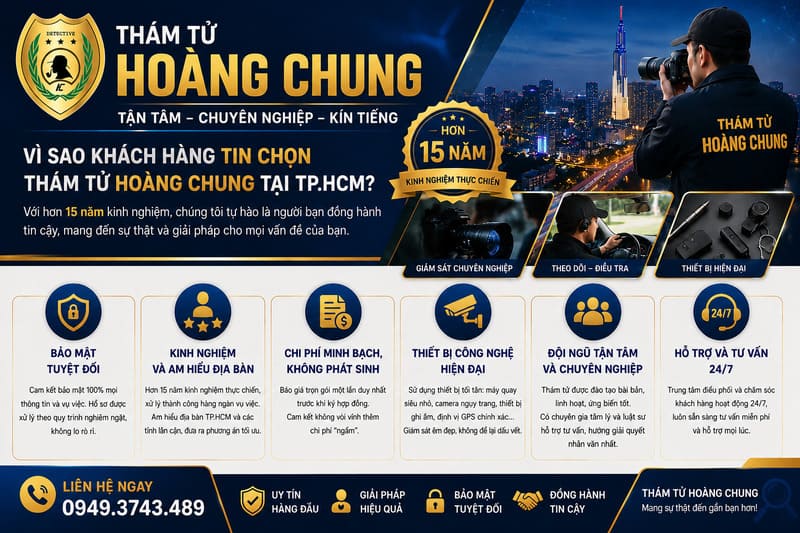Bạn đang tìm kiếm sự thật? Hãy để Thám tử Hoàng Chung đồng hành cùng bạn. Chúng tôi cung cấp giải pháp điều tra ngoại tình và giám sát chuyên nghiệp tại TP.HCM với cam kết bảo mật tuyệt đối, giúp bạn trút bỏ gánh nặng tâm lý và tìm lại sự bình yên trong cuộc sống