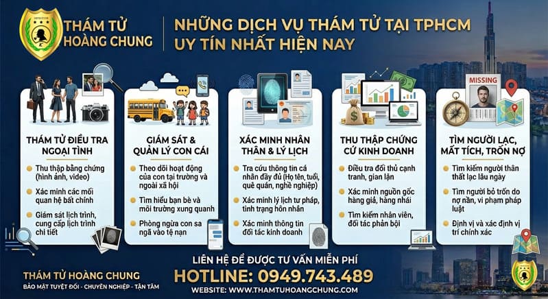 Các dịch vụ thám tử tại TPHCM: Điều tra ngoại tình, giám sát con cái, xác minh nhân thân và tìm người lạc - Thám tử Hoàng Chung.