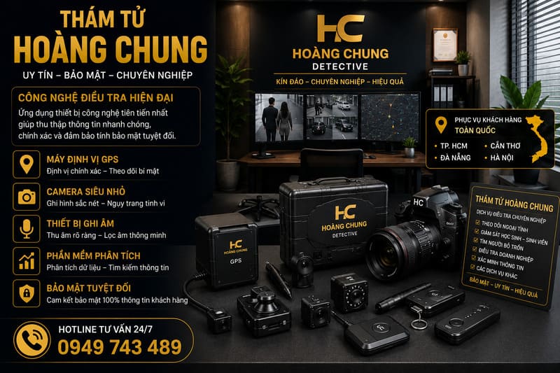 Thám tử Hoàng Chung sử dụng công nghệ điều tra hiện đại với thiết bị GPS, camera siêu nhỏ và máy ghi âm chuyên dụng tại TP.HCM