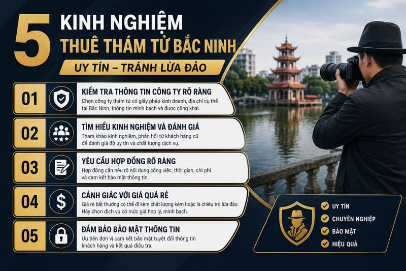 5 kinh nghiệm thuê thám tử Bắc Ninh uy tín giúp tránh lừa đảo, đảm bảo bảo mật và hiệu quả điều tra.