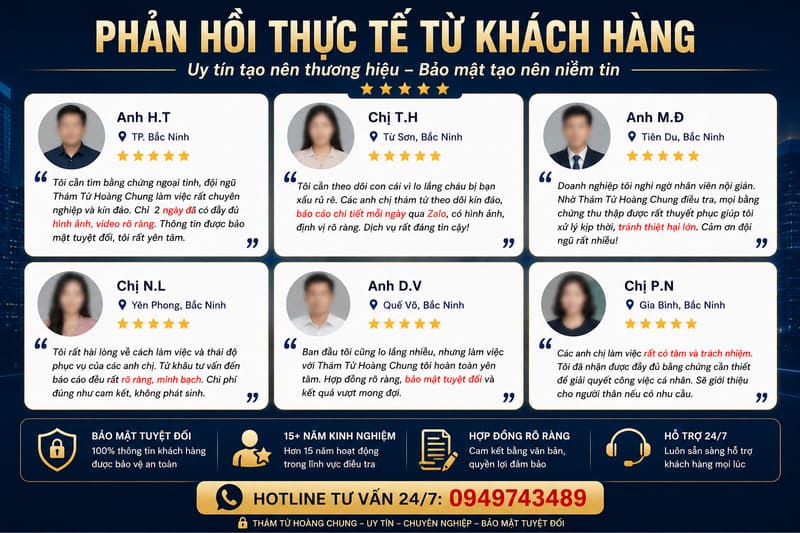 Khách hàng đánh giá cao dịch vụ Thám Tử Hoàng Chung nhờ làm việc chuyên nghiệp, bảo mật tuyệt đối, báo cáo rõ ràng và hỗ trợ nhanh chóng 24/7 qua hotline 0949743489.