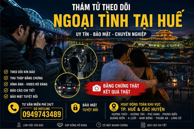 thám tử theo dõi ngoại tình tại Huế với đội ngũ điều tra chuyên nghiệp, bảo mật tuyệt đối, hỗ trợ ghi hình, chụp ảnh và cung cấp bằng chứng rõ ràng cho khách hàng tại Huế.