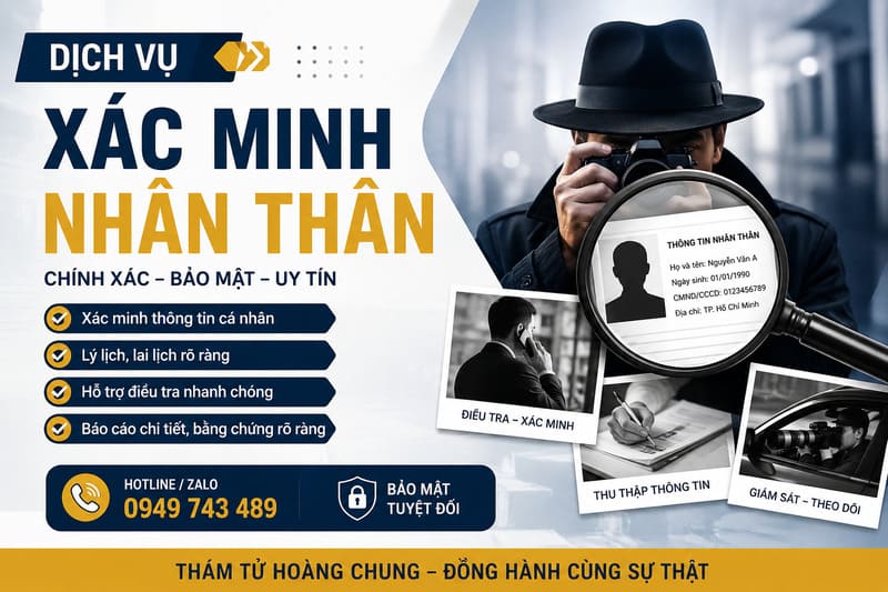 Dịch vụ thám tử điều tra xác minh nhân thân hỗ trợ điều tra thông tin cá nhân, lý lịch và xác minh danh tính nhanh chóng.