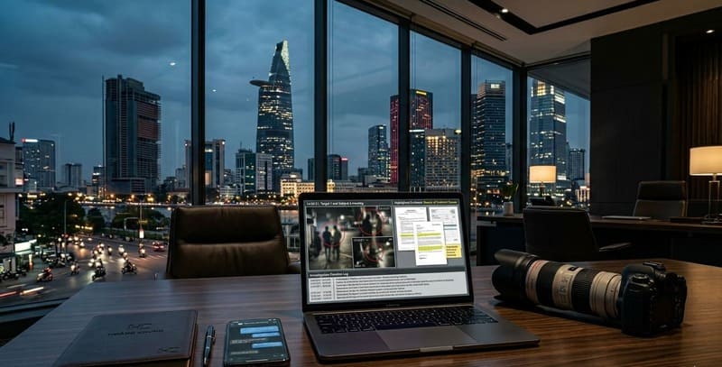 Mọi dữ liệu hình ảnh giám sát và mốc thời gian lịch trình của mục tiêu đều được thám tử Hoàng Chung bảo mật và báo cáo theo thời gian thực.