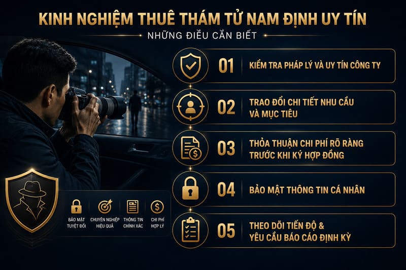 Kinh nghiệm thuê thám tử Nam Định quan trọng nhất là kiểm tra hợp đồng dịch vụ và các điều khoản cam kết bảo mật.